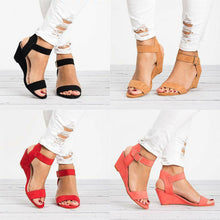 Load image into Gallery viewer, Women&#39;s Solid Color Round Toe Buckle Wedge Sandals
