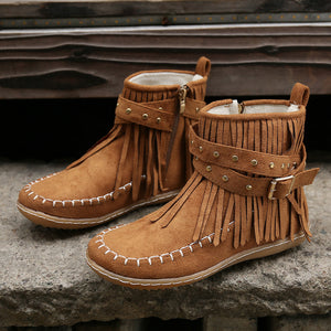 Women's Suede Fringe Drop Round Toe Flat Boots