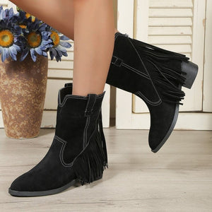 Winter tassel thick heel pointed toe high boots