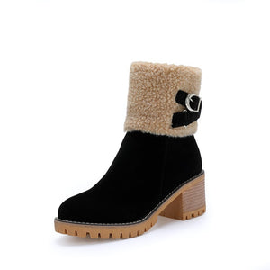 Women's thick heel leather buckle warm boots