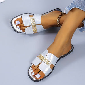 Ladies Solid Color Metal Chain Fashion Slippers