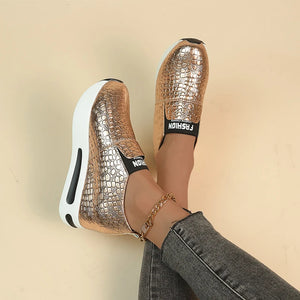 Metallic Thick Bottom Slip On Women Pumps