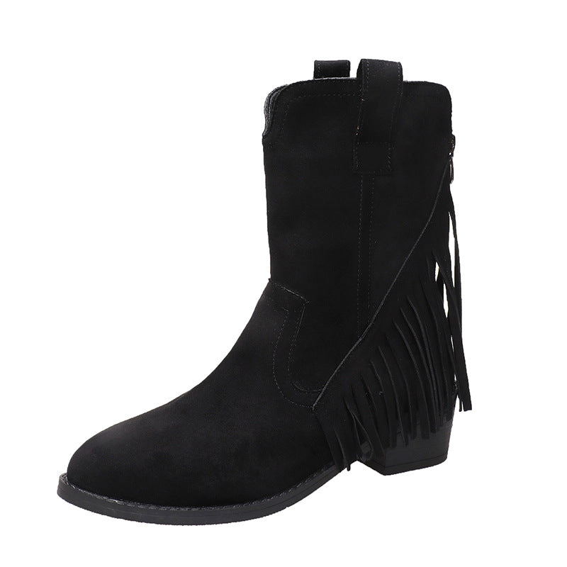 Winter tassel thick heel pointed toe high boots