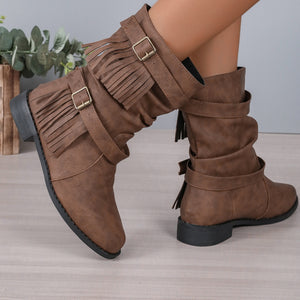 Women's Ankle Boots With Buckle Retro Combat Ankle Boots Fall Winter PU Leather Short Boots