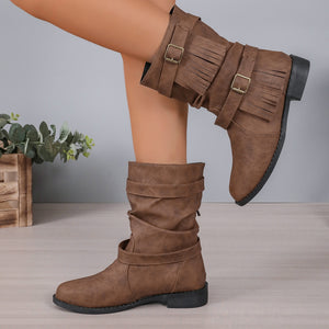 Women's Ankle Boots With Buckle Retro Combat Ankle Boots Fall Winter PU Leather Short Boots