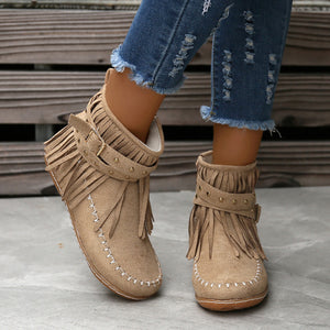 Women's Suede Fringe Drop Round Toe Flat Boots