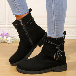 Women Buckle Decor Tie Side Faux Suede Boots