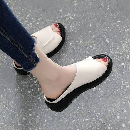 Zapatos de suela blanda realzados de suela gruesa de cuero suave Zapatilla de boca de pez