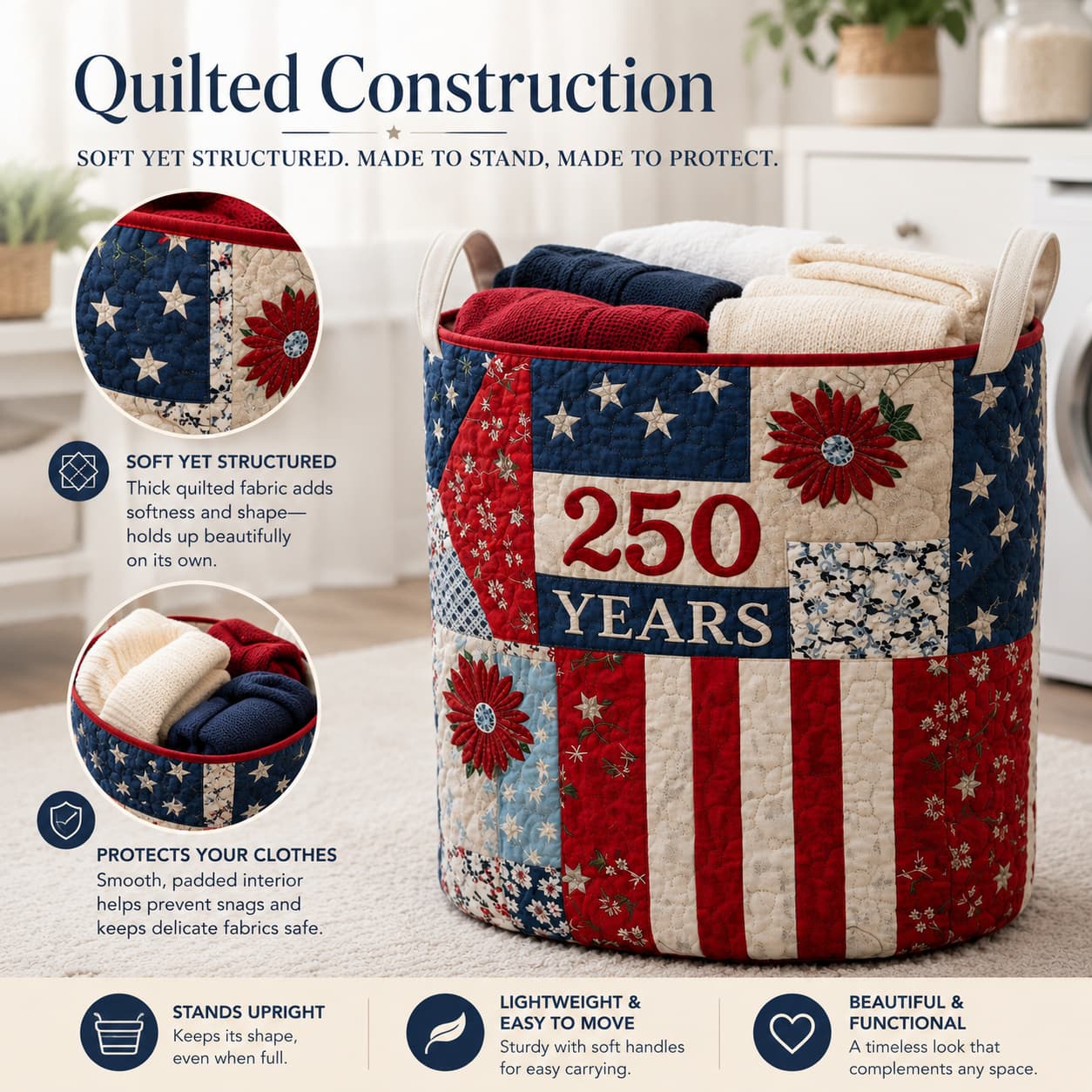 USA 250th Anniversary Quilted Laundry Basket
