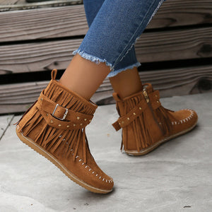 Women's Suede Fringe Drop Round Toe Flat Boots