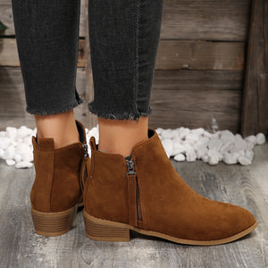 Women's Fashionable Low-heel Pointed-toe Boots In Brown Color With Double Zipper Design