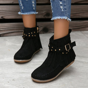 Women's Suede Fringe Drop Round Toe Flat Boots