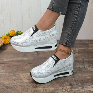 Metallic Thick Bottom Slip On Women Pumps