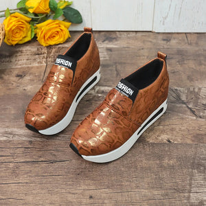 Metallic Thick Bottom Slip On Women Pumps