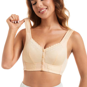 Front-Clasp Soft Cotton Lace Wire-Free Plus Size Bra for Middle-Aged and Elderly