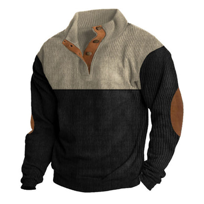 Men Corduroy Pullover Long Sleeve Retro Patchwork Top 1/4 Snap Waffle Sweatshirt Large Size Loose Casual Jogging Sportswear