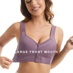 Front-Clasp Soft Cotton Lace Wire-Free Plus Size Bra for Middle-Aged and Elderly