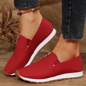 Ladies Front Zipper Pointed Toe Flat Elastic Shoes for Women