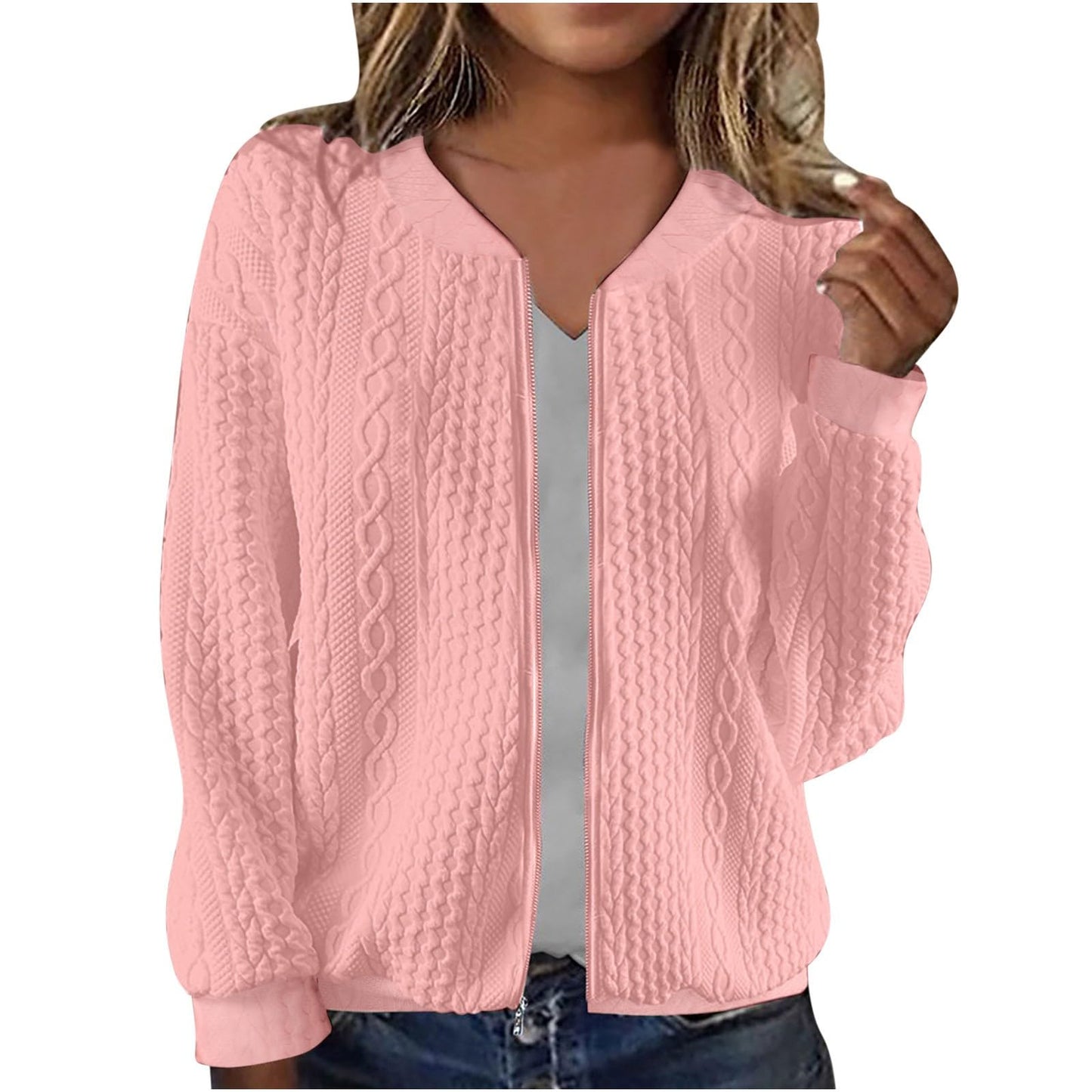 Casual Jacket For Women Fall Winter V-Neck Solid Color Cable Knitted Coat Zipper Long Sleeve Loose Sweatshirt