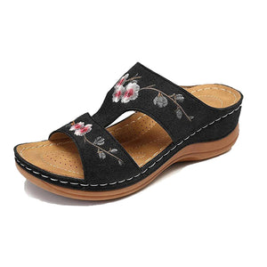 Hollow Flower Embroidered Wedge Ladies Slippers