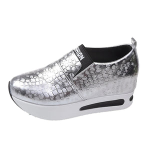 Metallic Thick Bottom Slip On Women Pumps