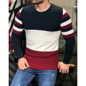 Men's Color Block Striped Warm Crew Neck Sweater