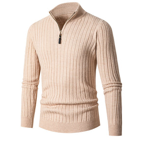 Men's Solid Cable Casual Zip Stand Collar Sweater