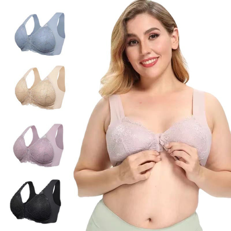 Women's Plus Size Lace Wide Straps Wireless Bra Front Closure Push Up Bras