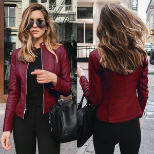 Stylish women's PU leather jacket; choose from 8 colors to match any outfit