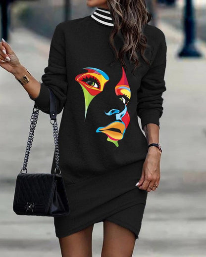 48% OFF-Vestido Irregular de Manga Larga con Cuello Alto Estampado