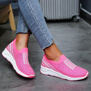 Women's Breathable Knit Rhinestone Flat Sneakers