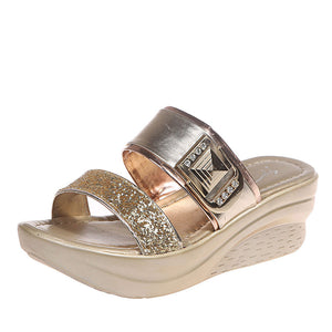 Ladies Sequined Rhinestone Wedge Slippers